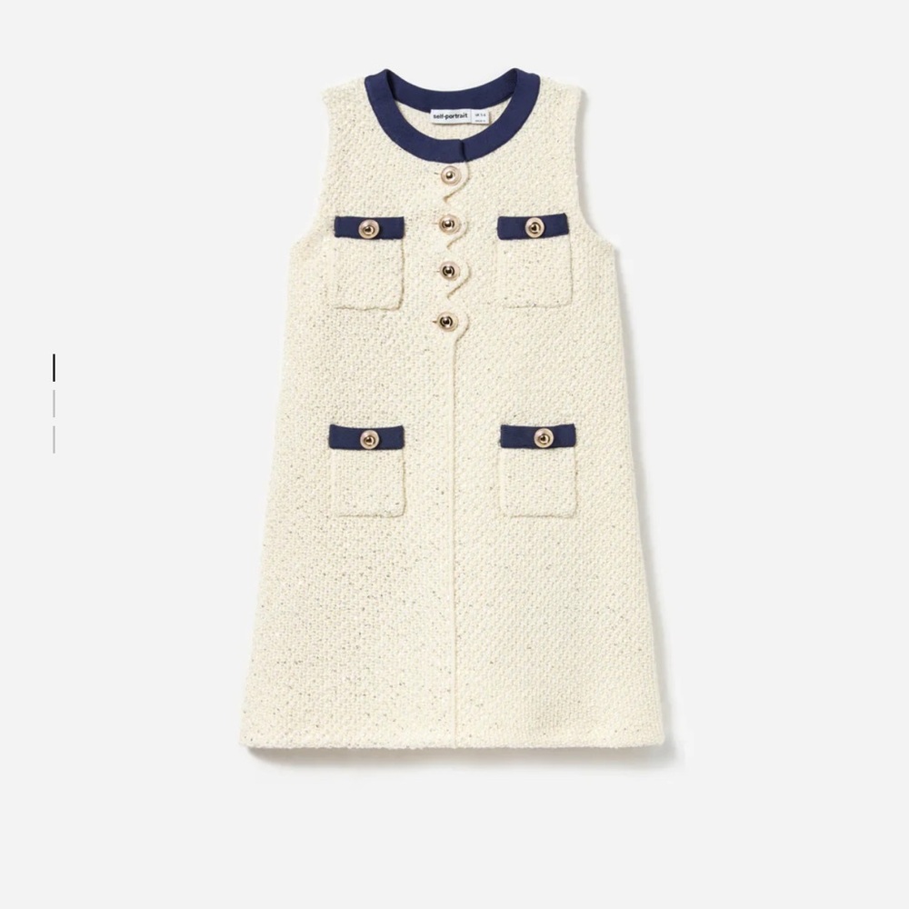 BNWT Self Portrait Kids Girls Beige Sleeveless Dress with Navy Accents